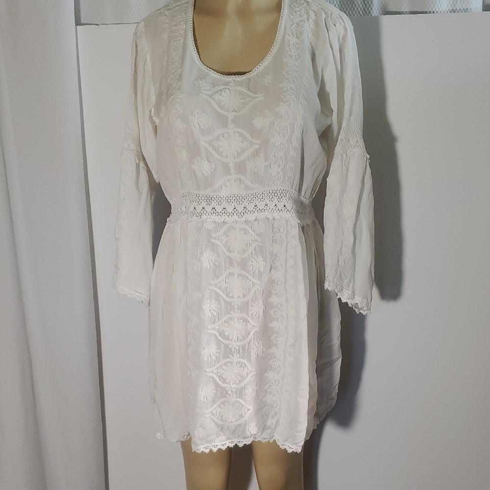 Melissa Odabash Womens Boho Dress White Embroidered Crochet Tunic Sz M